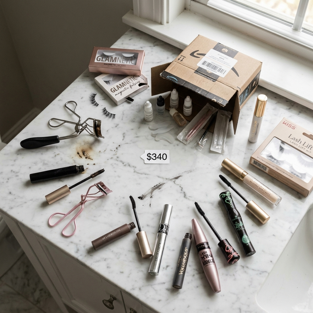 Overhead flat-lay of failed lash products