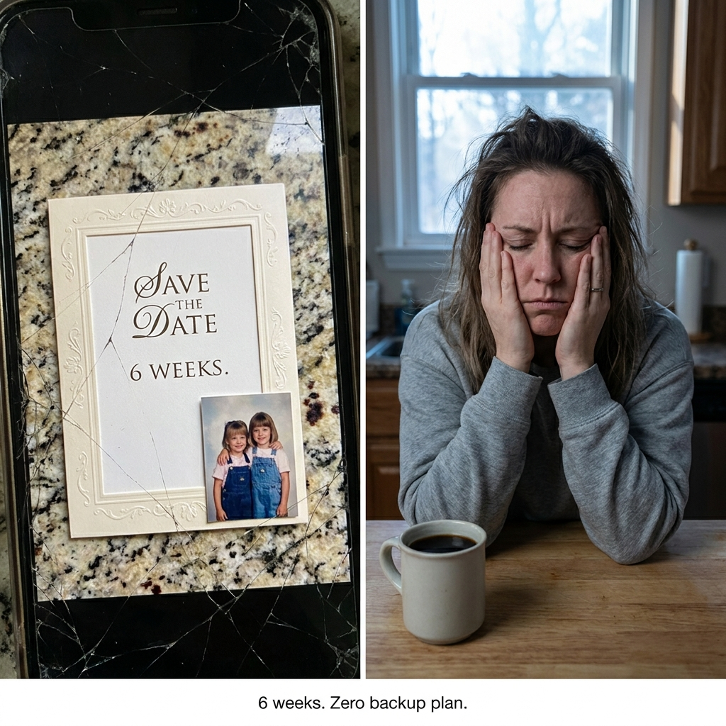 Split-screen wedding save-the-date and woman in panic