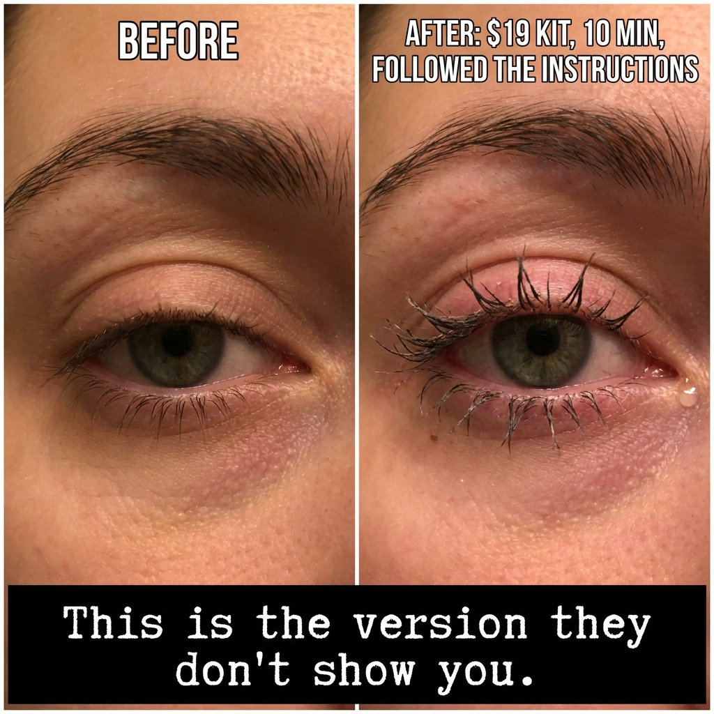 Before/after showing DIY lash lift disaster