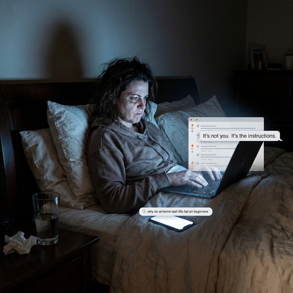 Woman in bed at 4am researching on laptop
