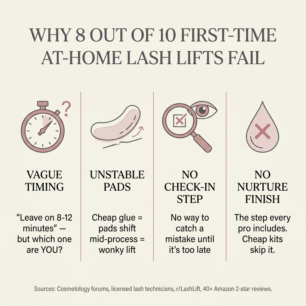 Infographic showing 4 reasons at-home lash lifts fail