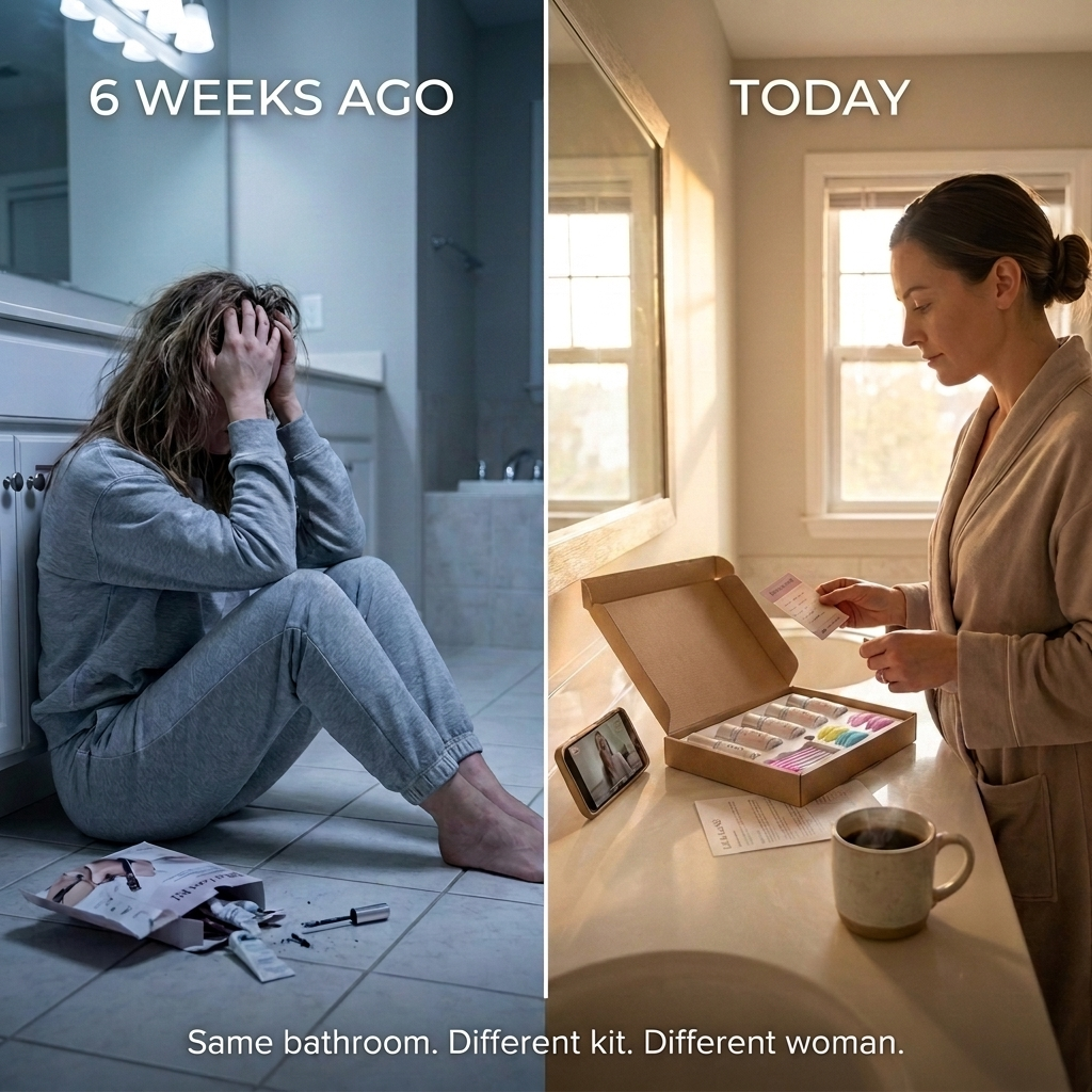 Split-screen 6 weeks ago vs today, same bathroom