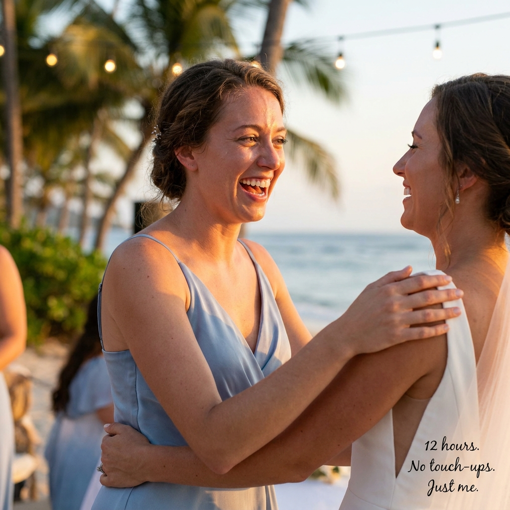 Beach wedding photo of narrator and sister at golden hour