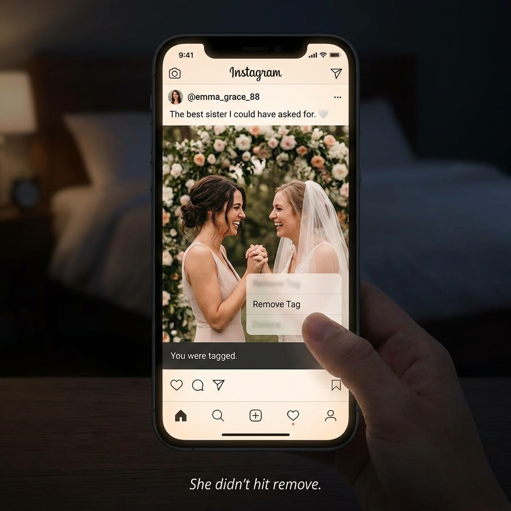 Instagram wedding post with thumb pulling away from Remove Tag